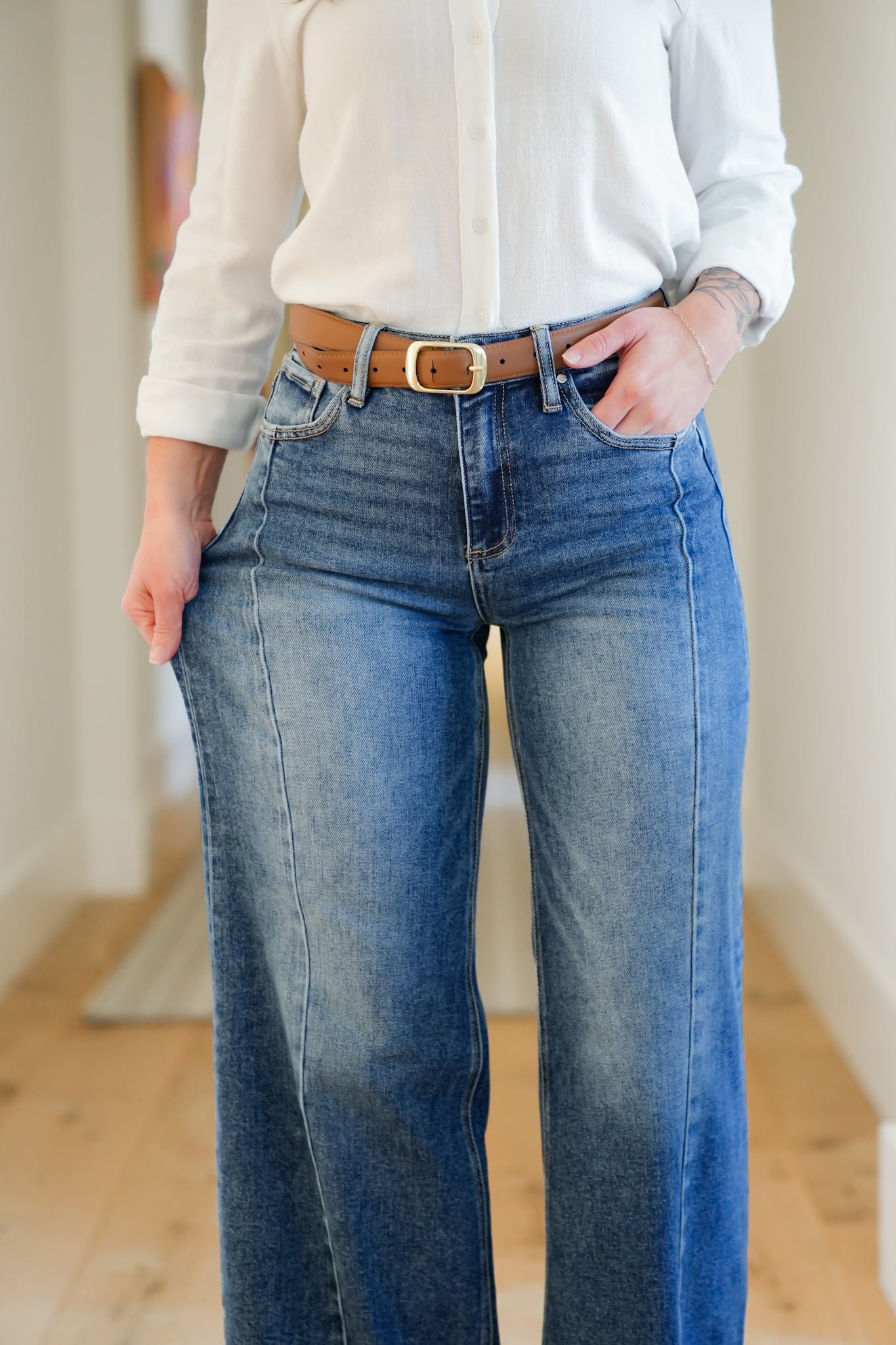 Risen Multi Inseam Dark Wash Wide Leg Seam Front Jeans