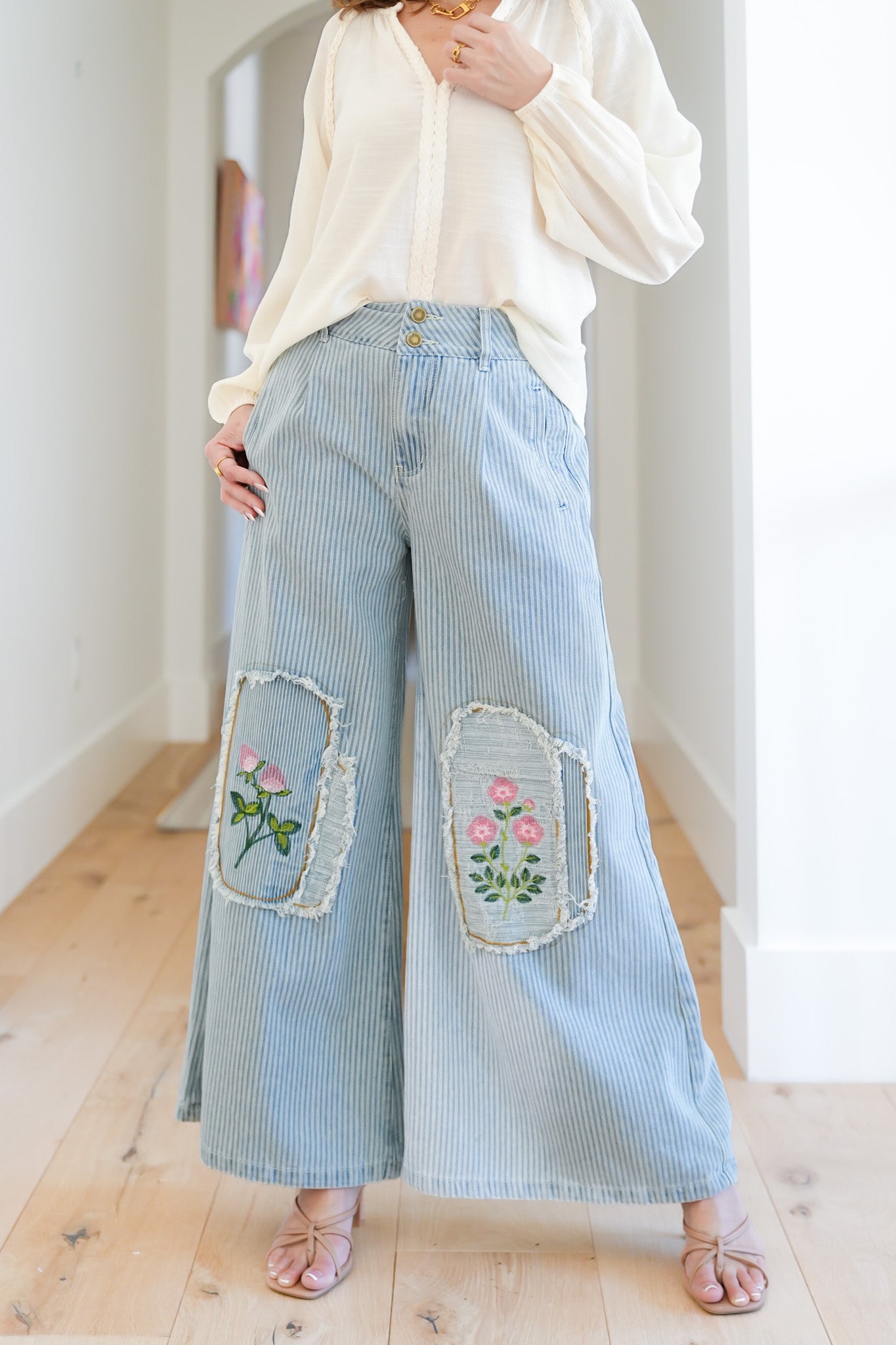 POL Stripe Wide Leg Pants with Floral Embroidery Patches
