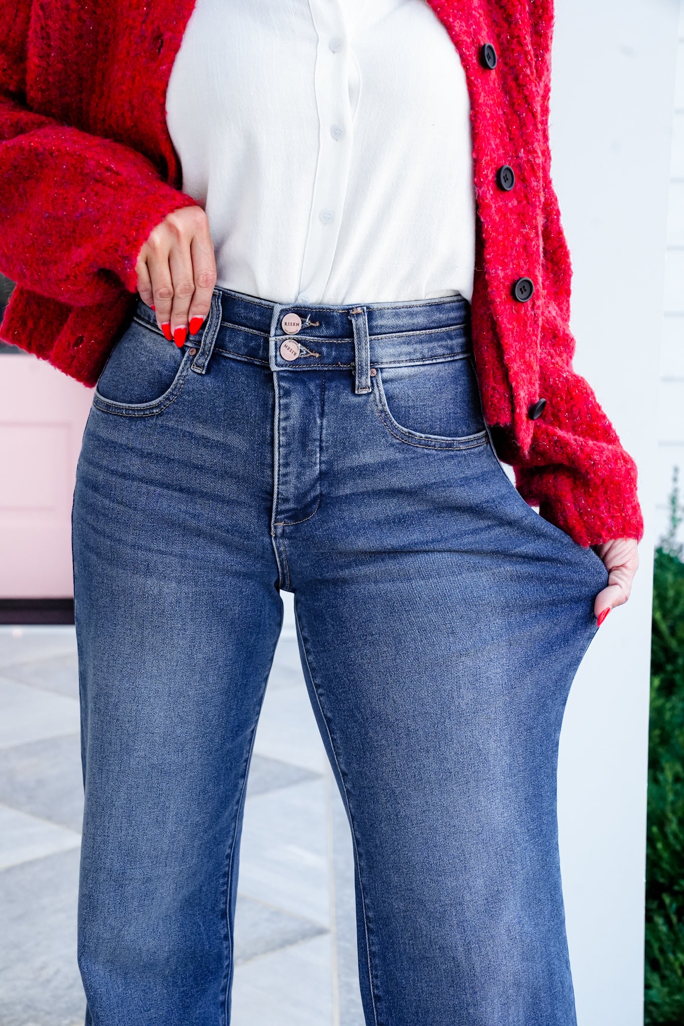 Restock! Risen Material Girl High Rise Medium Wash Tummy Control Double Button Elastic Waistband Jeans