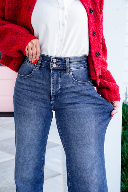 Restock! Risen Material Girl High Rise Medium Wash Tummy Control Double Button Elastic Waistband Jeans