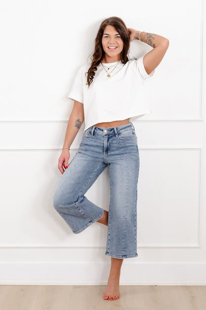 Judy Blue The Carolina Mid Rise Light Wash Crop Wide Leg Jeans with Center Seam