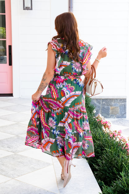 Floral Print Flutter Sleeve Button Up Tiered Midi Dress