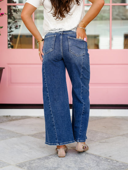 Restock! Risen The Willow Multi Inseam Dark Wash Wide Leg Seam Front Jeans - Freckled Poppy