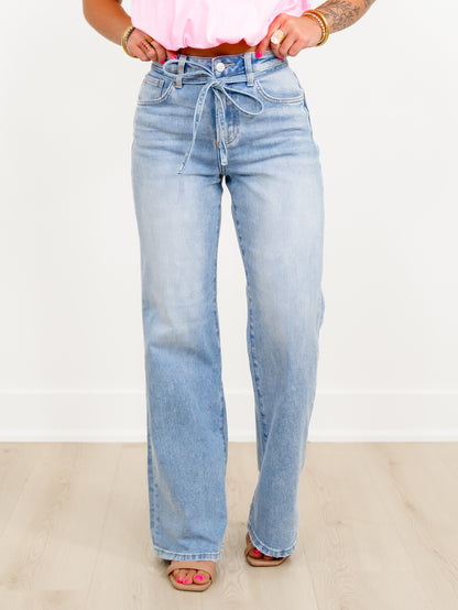 Risen High Rise Light Wash Wide Leg Jeans with Denim Tie Belt