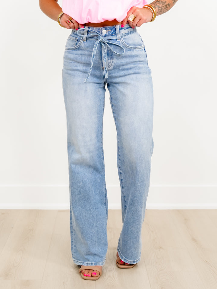 Risen High Rise Light Wash Wide Leg Jeans with Denim Tie Belt