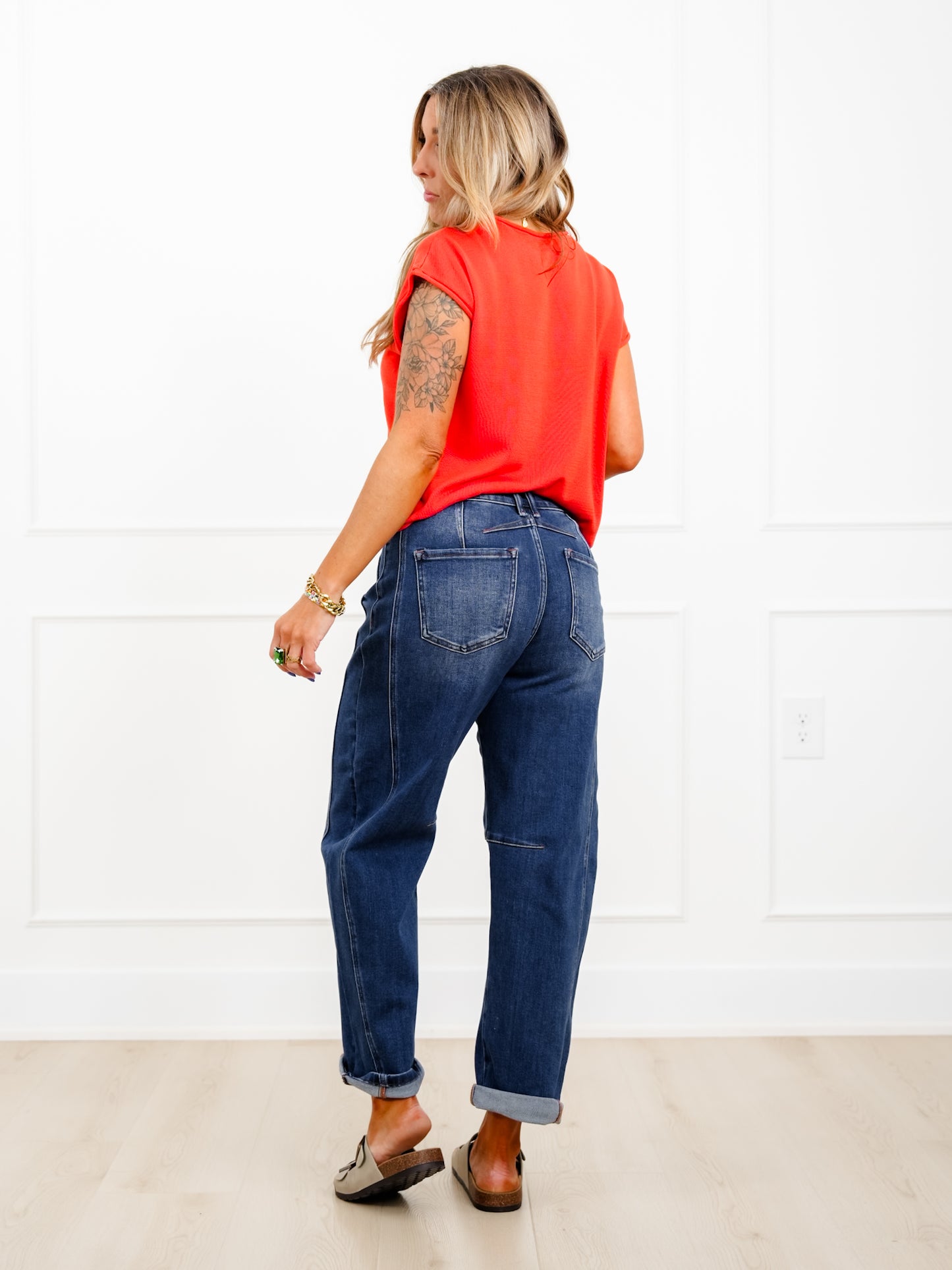 Restock! Risen High Rise Dark Wash Boyfriend Cuffed Barrel Jeans