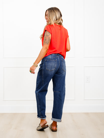 Restock! Risen High Rise Dark Wash Boyfriend Cuffed Barrel Jeans