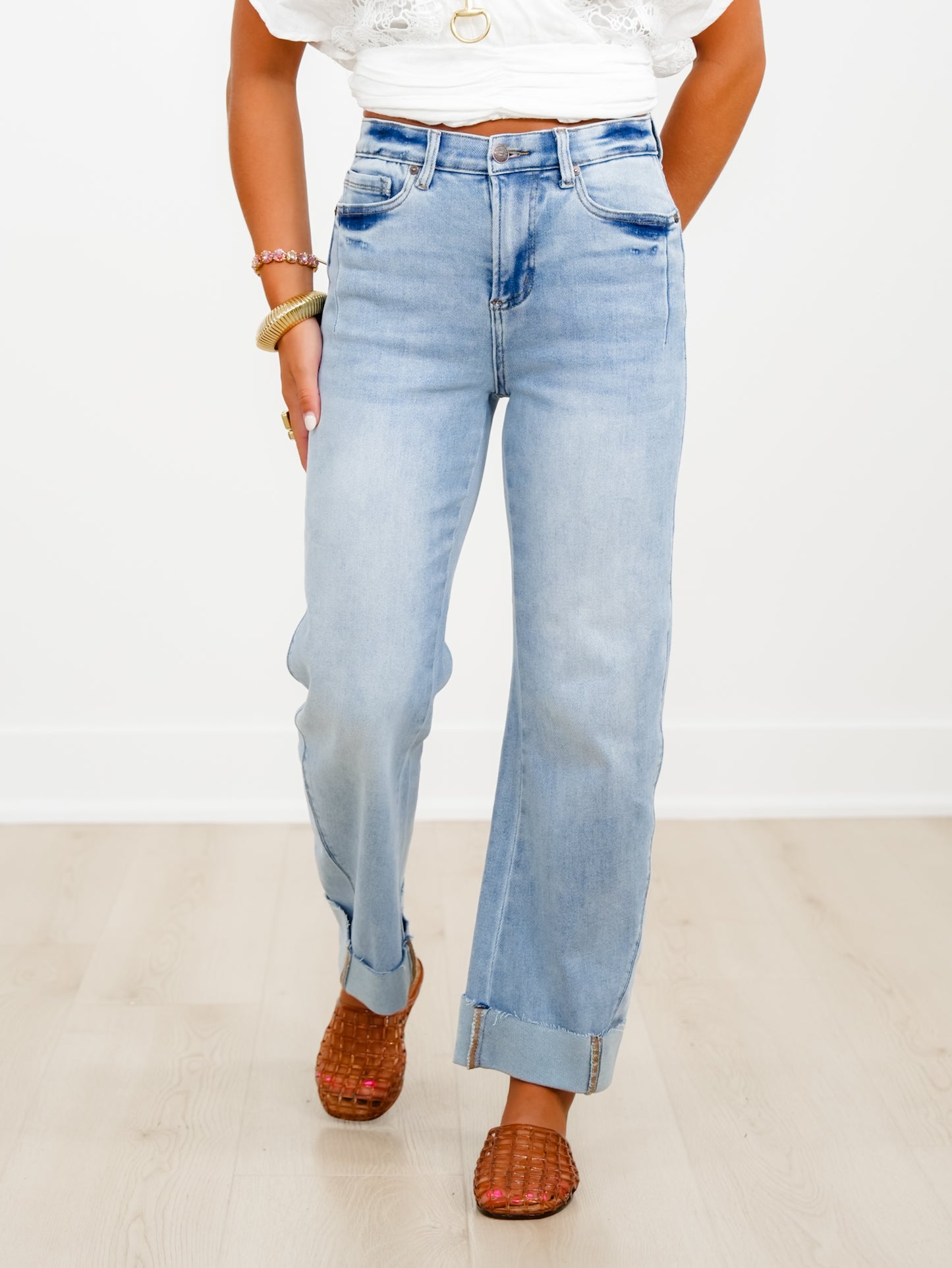 Saige High Rise Medium Wash Tummy Control Straight Leg Cuffed Jeans