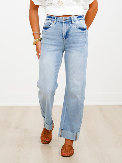 Saige High Rise Medium Wash Tummy Control Straight Leg Cuffed Jeans