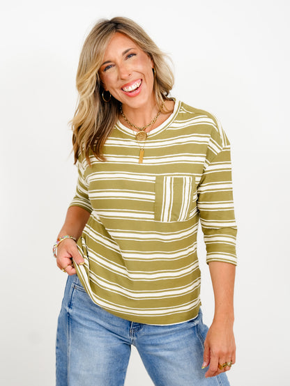 Plus/Reg Stripe 3/4 Sleeve Round Neck Top with Chest Pocket
