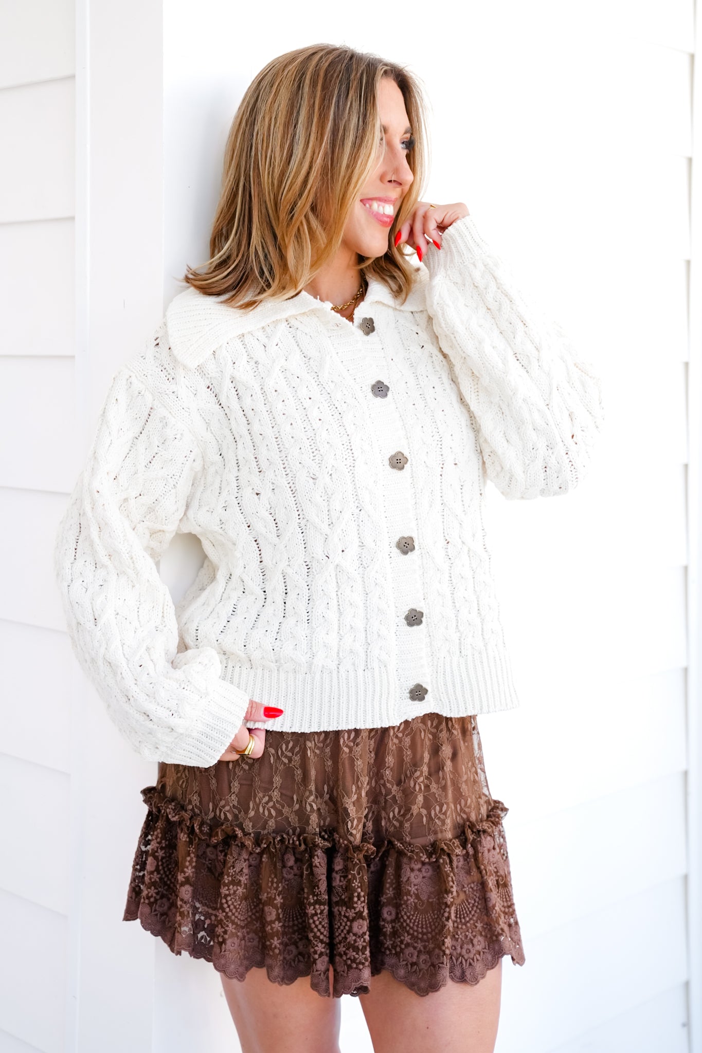 POL Knit Long Sleeve Button Up Sweater Top