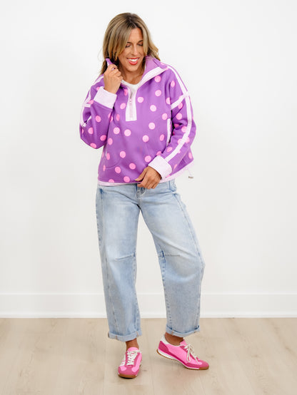 Polka Dot Long Sleeve Half Zip Jacket with Contrast Trim