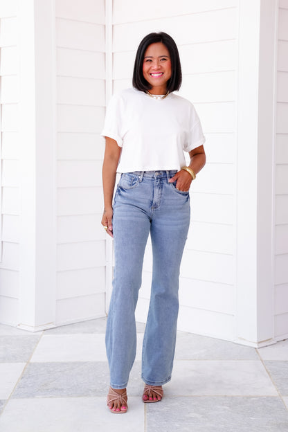 Saige High Rise Light Wash Cuffed Kick Flare Jeans