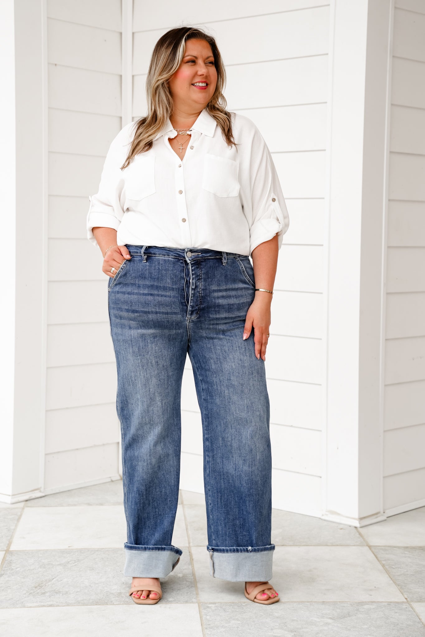 Mica High Rise Medium Wash Cuffed Wide Leg Jeans with Hidden Button Fly