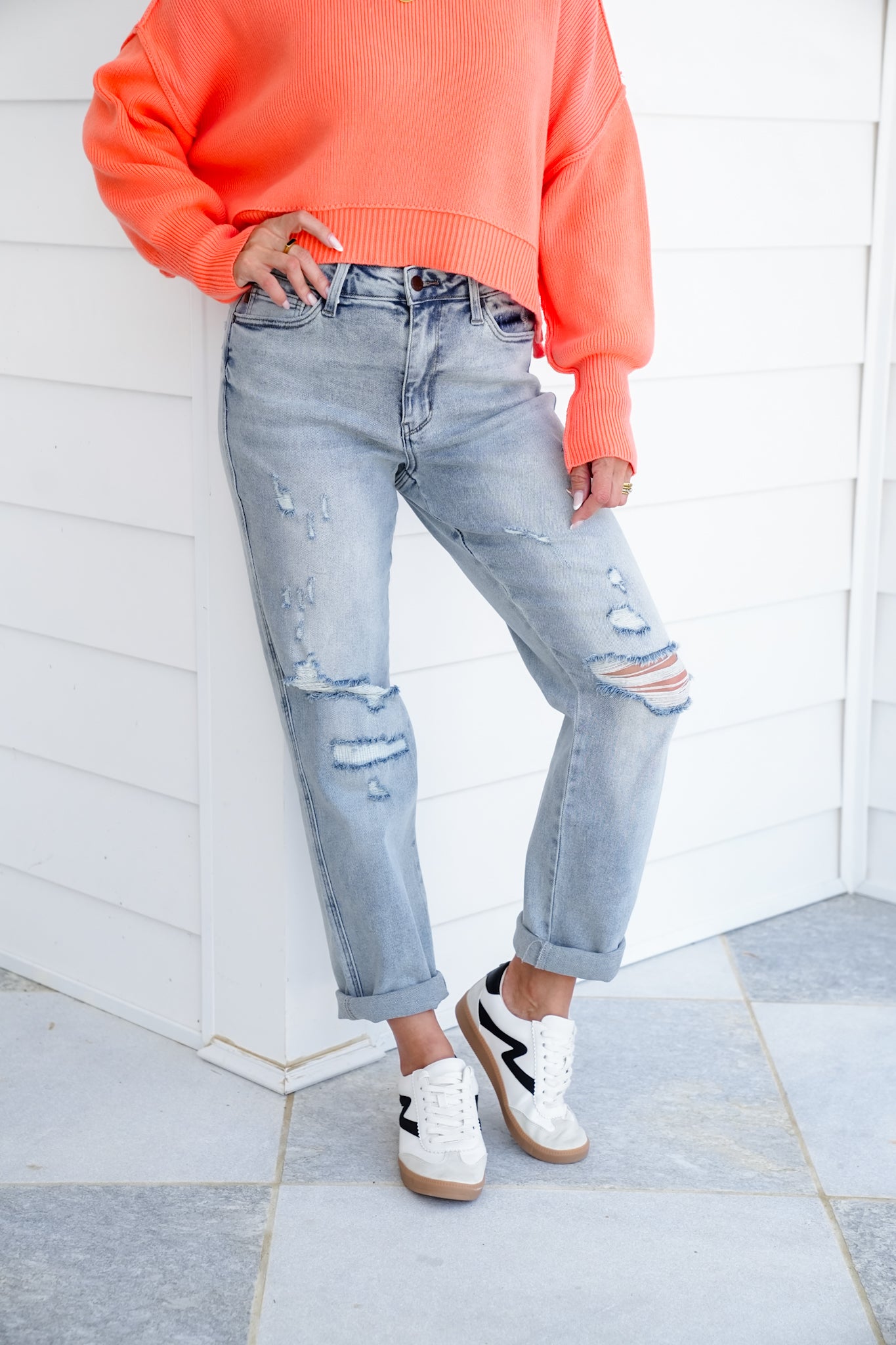Judy Blue Mid Rise Light Wash Cuffed Boyfriend Jeans with Distressed Repair Stitch