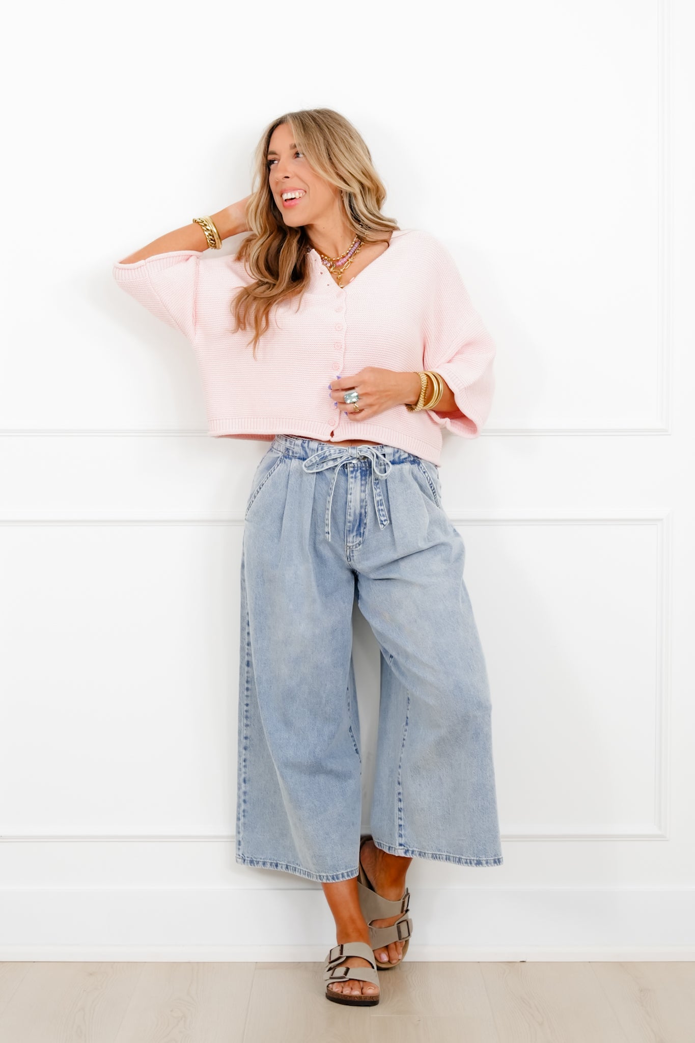 Risen High Rise Light Wash Cropped Wide Leg Tie Belted Jeans