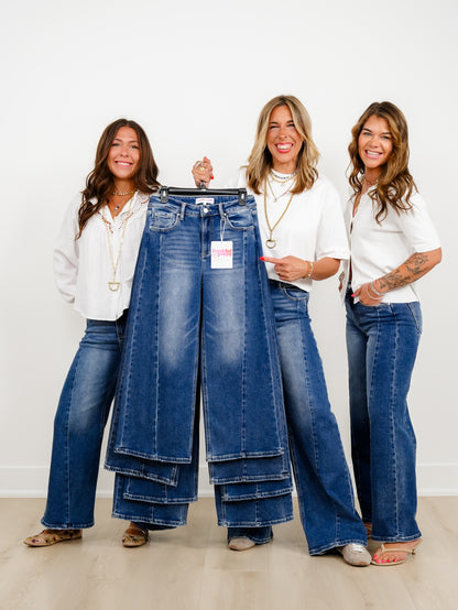 Restock! Risen The Willow Multi Inseam Dark Wash Wide Leg Seam Front Jeans