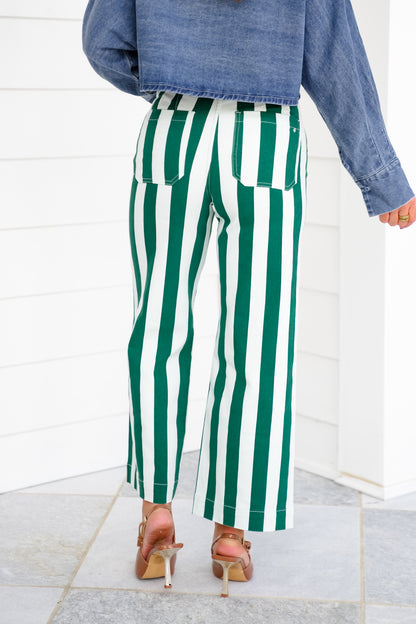 Mica High Rise Green and White Striped Cropped Wide Leg Jeans