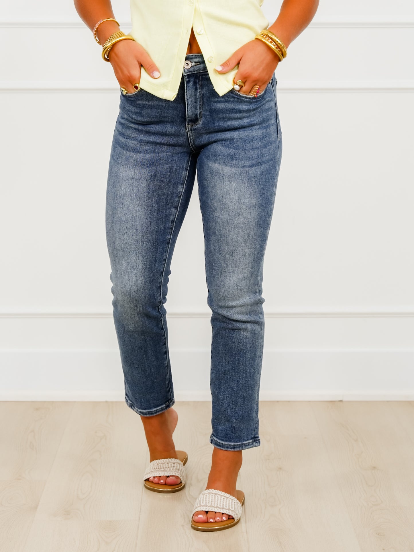 Special A Mid Rise Medium Wash Slim Cuffed Boyfriend Jeans