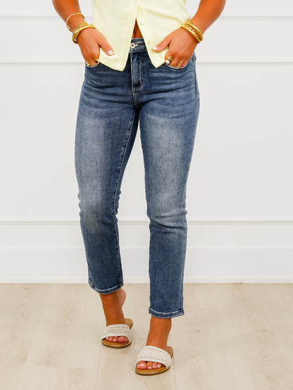 Special A Mid Rise Medium Wash Slim Cuffed Boyfriend Jeans