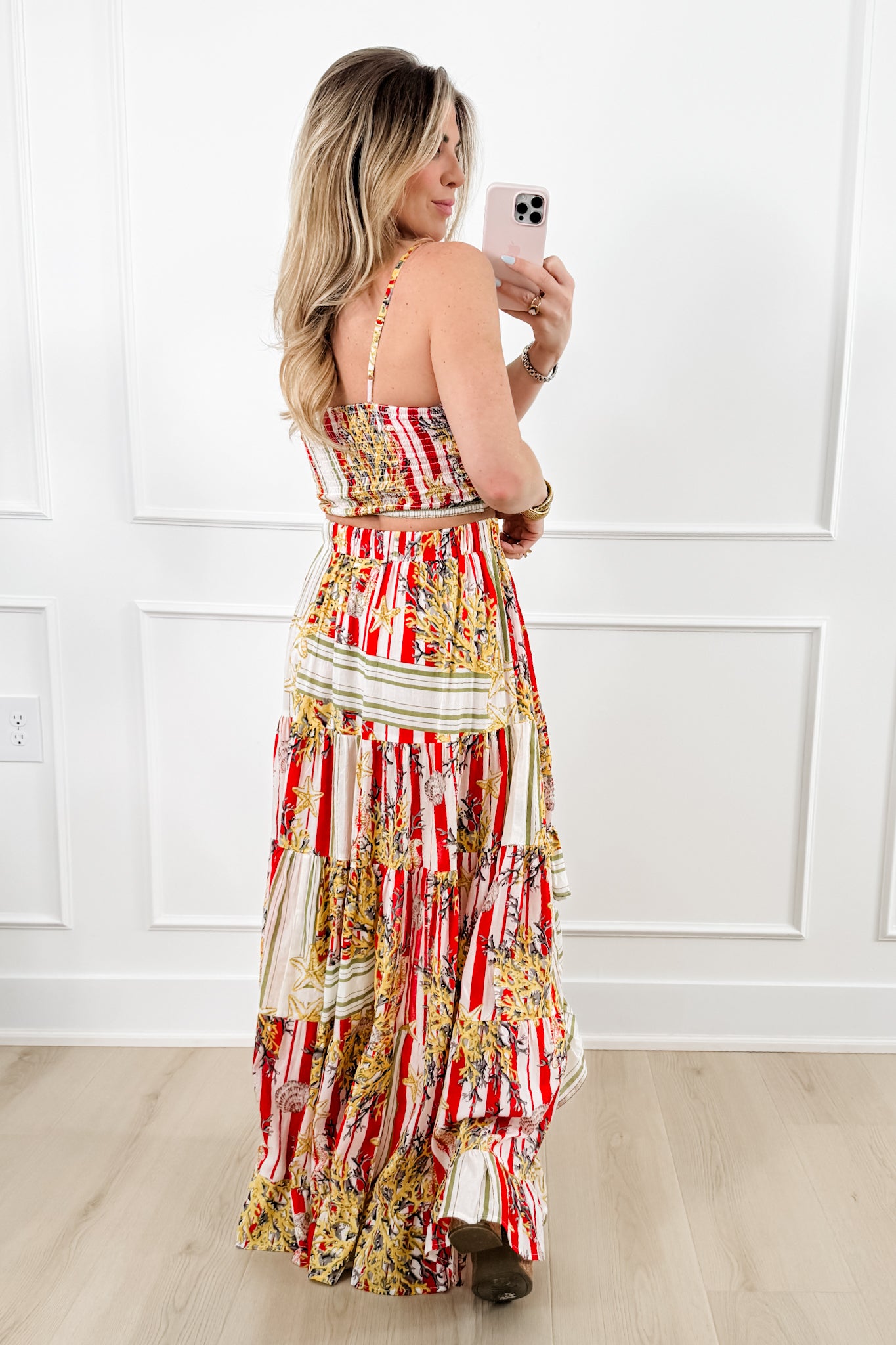 POL Stripe & Floral Print Bralette Top with High Low Skirt Set