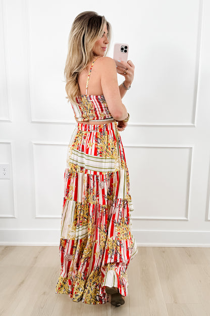 POL Stripe & Floral Print Bralette Top with High Low Skirt Set