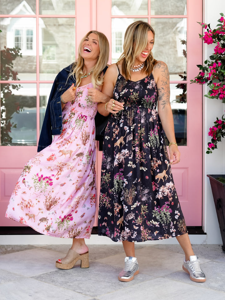 Floral and Leopard Print Sleeveless Smocked Bodice Midi Dress - Freckled Poppy