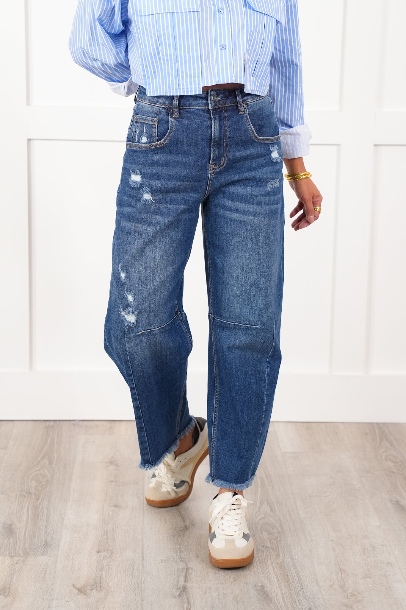 Mica High Rise Medium Wash Distressed Ankle Barrel Leg Jeans