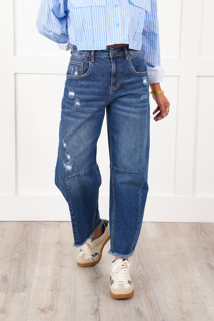 Mica High Rise Medium Wash Distressed Ankle Barrel Leg Jeans