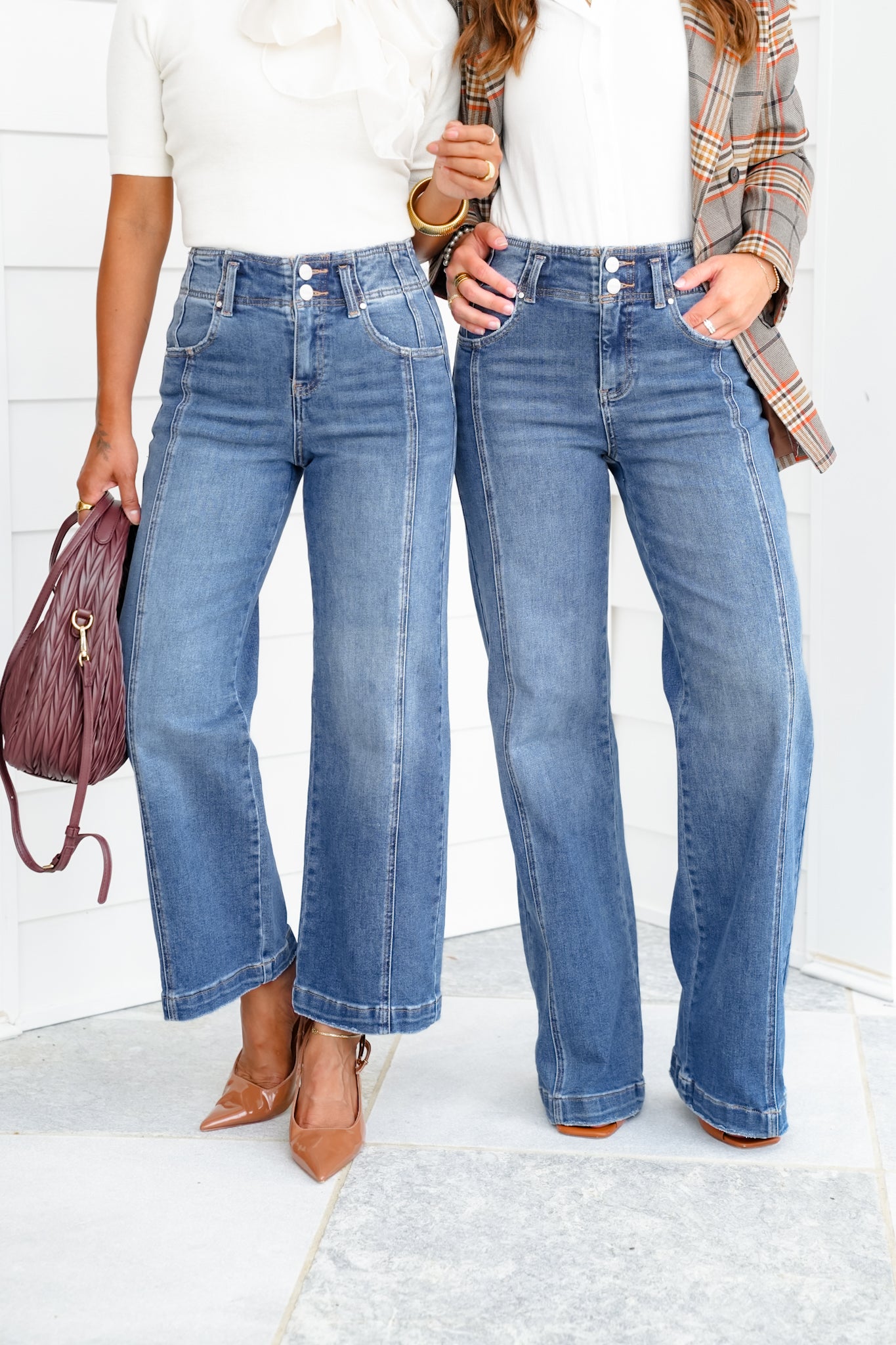 Risen The Statement Straight High Rise Medium Wash Ankle Wide Leg Jeans with Front Seam