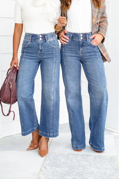 Risen The Statement Straight High Rise Medium Wash Ankle Wide Leg Jeans with Front Seam