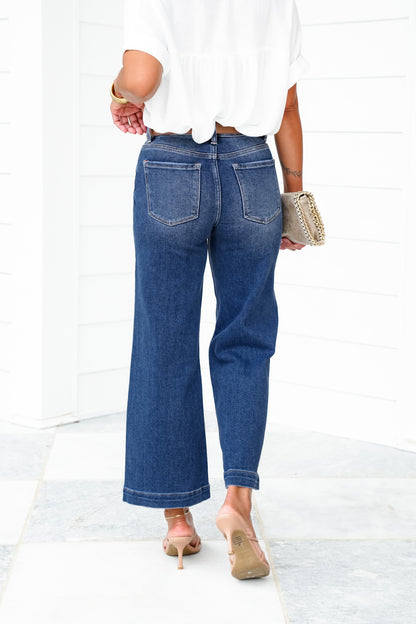 Risen Mid Rise Dark Wash Cropped Wide Leg Jeans with Front Patch Pockets