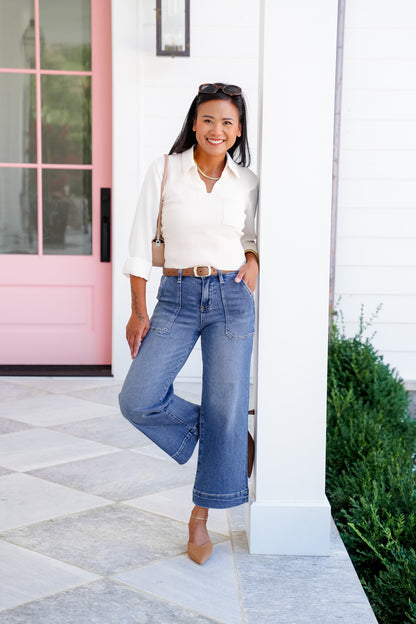 Lovervet High Rise Medium Wash Wide Leg Jeans with Utility Pocket