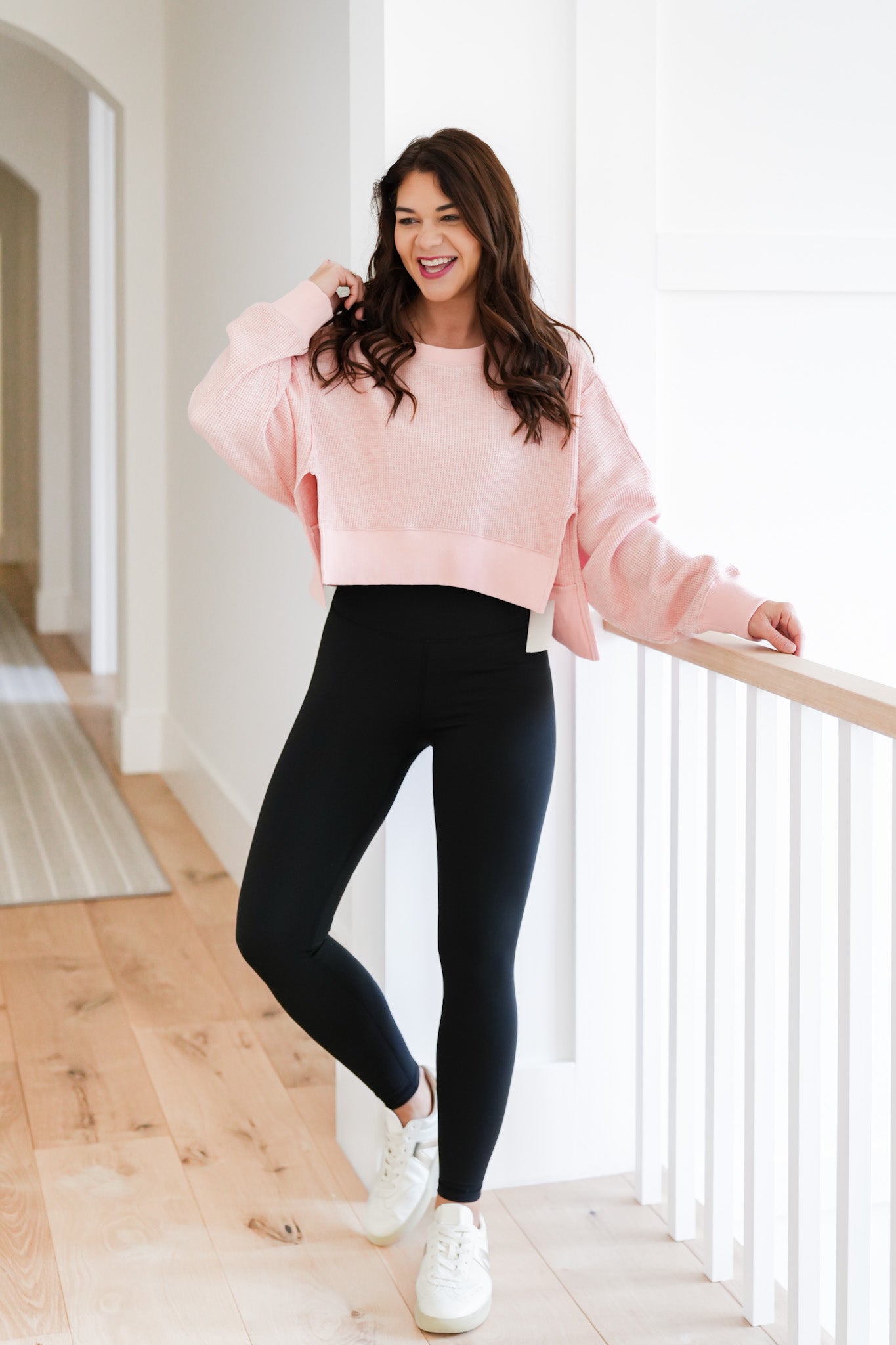 Waffle Knit Long Sleeve Front Cropped Top