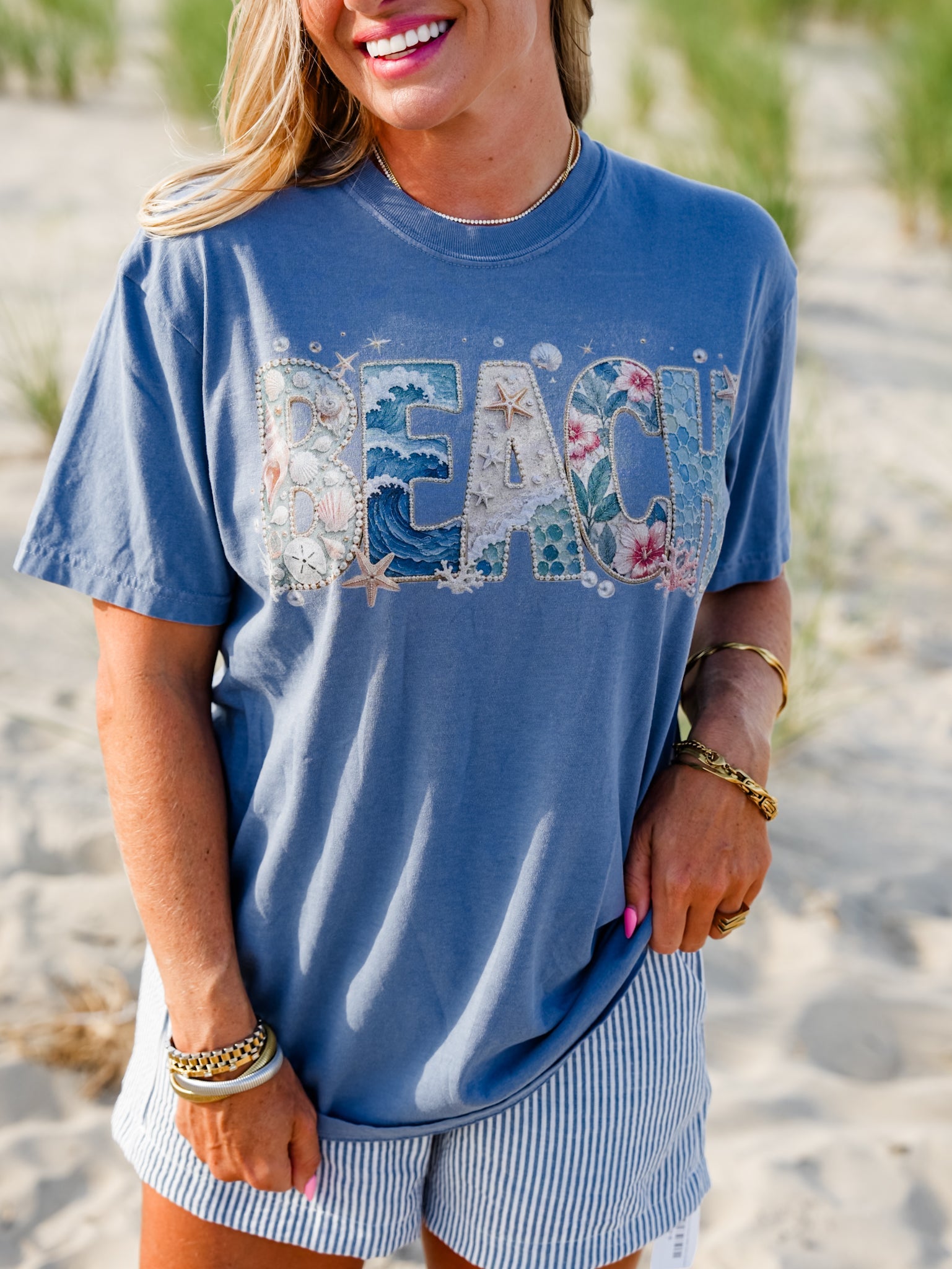 Plus/Reg Short Sleeve Mixed Pattern Beach Graphic Tee - Freckled Poppy
