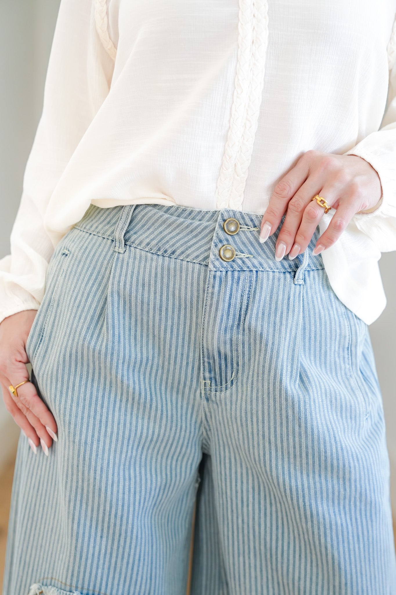 POL Stripe Wide Leg Pants with Floral Embroidery Patches