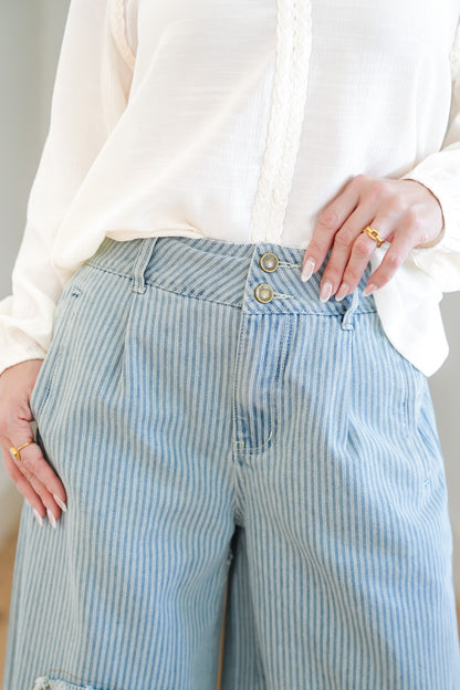 POL Stripe Wide Leg Pants with Floral Embroidery Patches