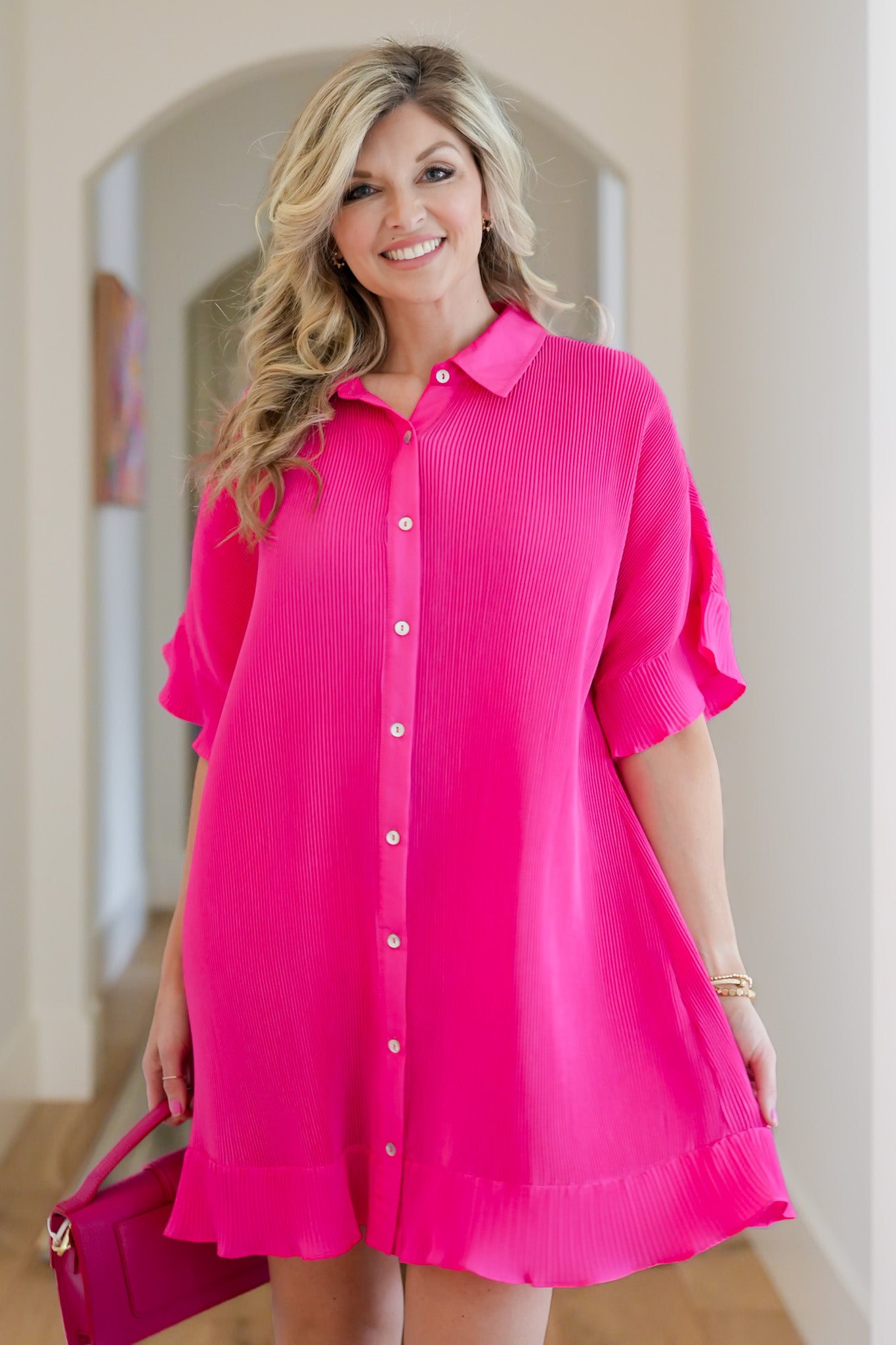 Pink Pleated Short Sleeve Button Down Mini Dress