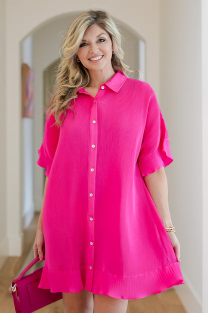 Pink Pleated Short Sleeve Button Down Mini Dress