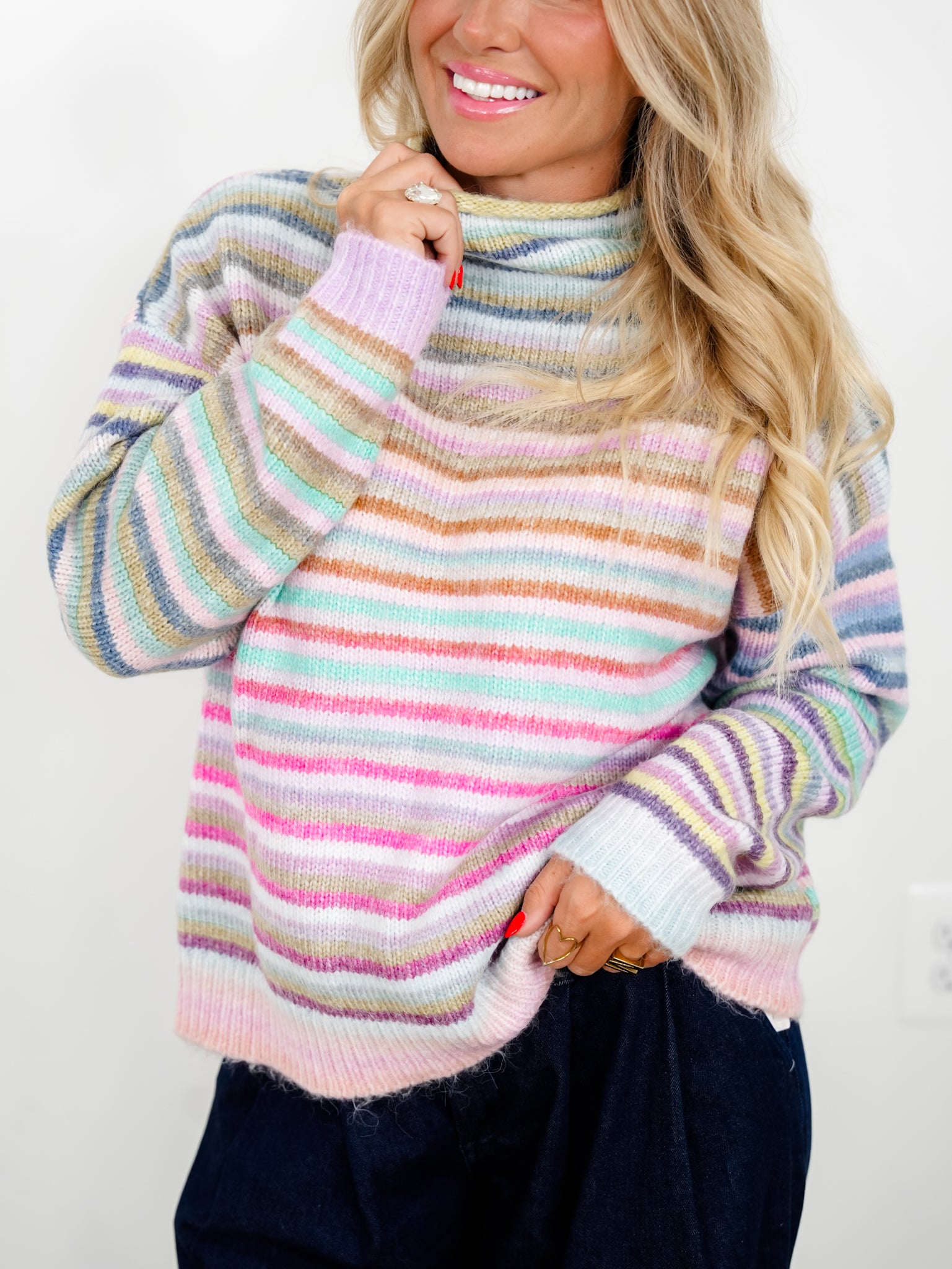 Multi Color Stripe Long Sleeve Mock Neck Sweater - Freckled Poppy