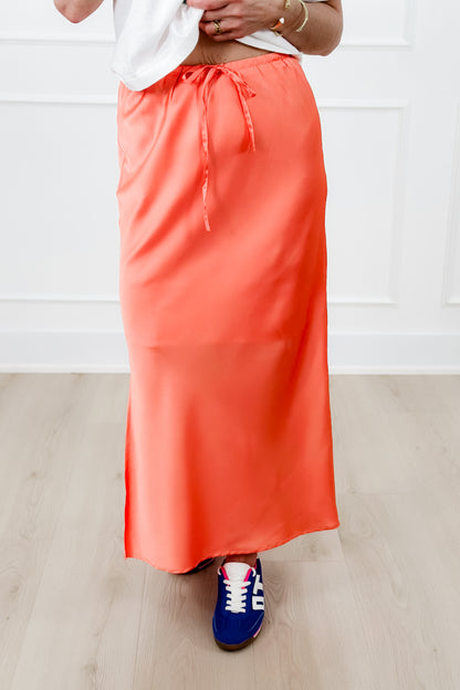 Satin Elastic Waist Midi Skirt with Side Slit
