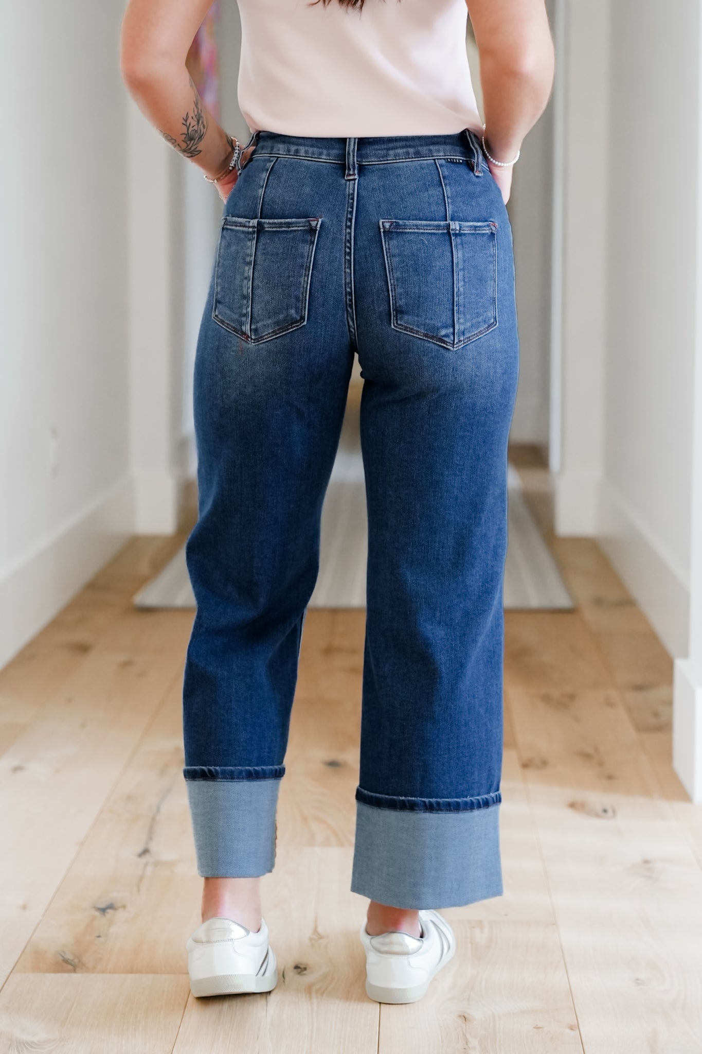 Risen Multi Inseam High Rise Dark Wash Cropped Wide Cuffed Straight Leg Jeans
