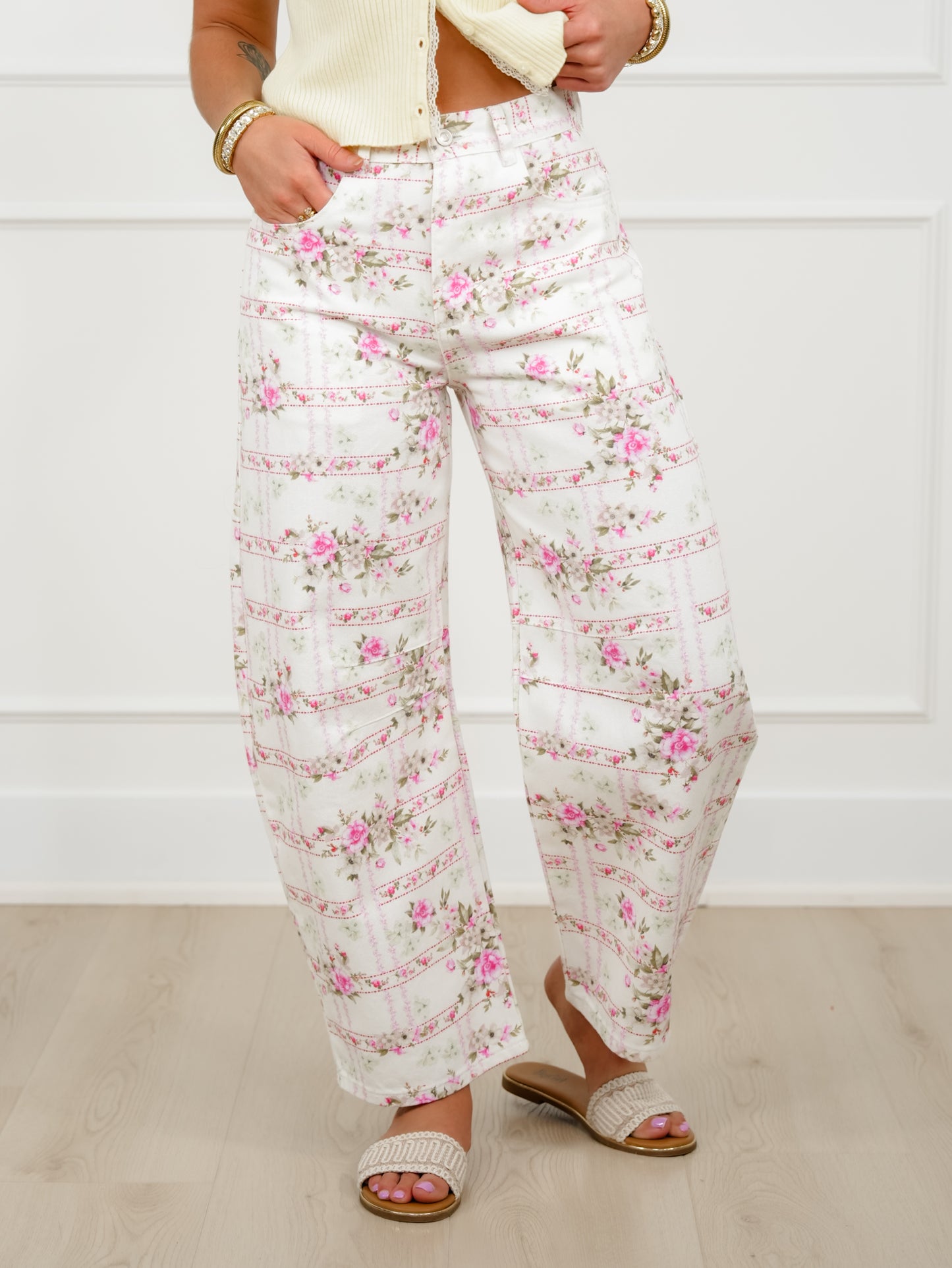 Floral Stripe Print Mid Rise Barrel Pants