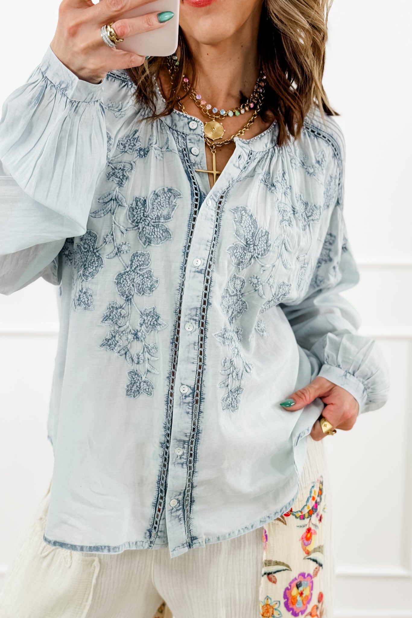 POL Embroidered Long Sleeve Button Up Blouse