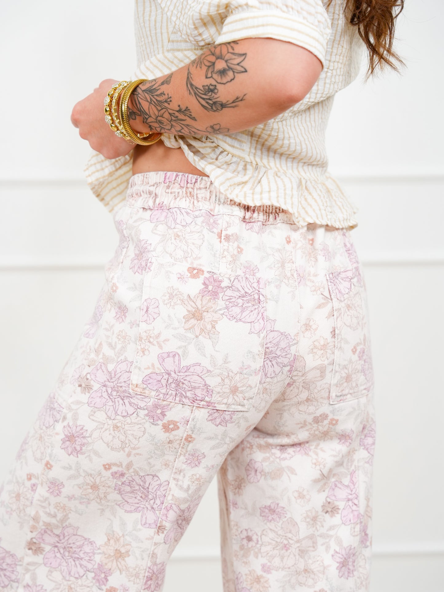 Floral Print Elastic Waist Twill Wide Leg Pants