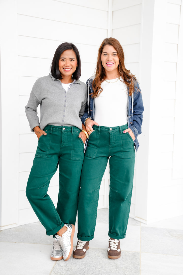 Risen Look at Me High Rise Green Ankle Cuffed Barrel Jeans