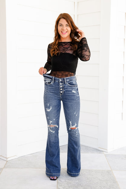 Restock! Judy Blue Date Night Dark Wash Button Fly Distressed Trouser Flare Jeans