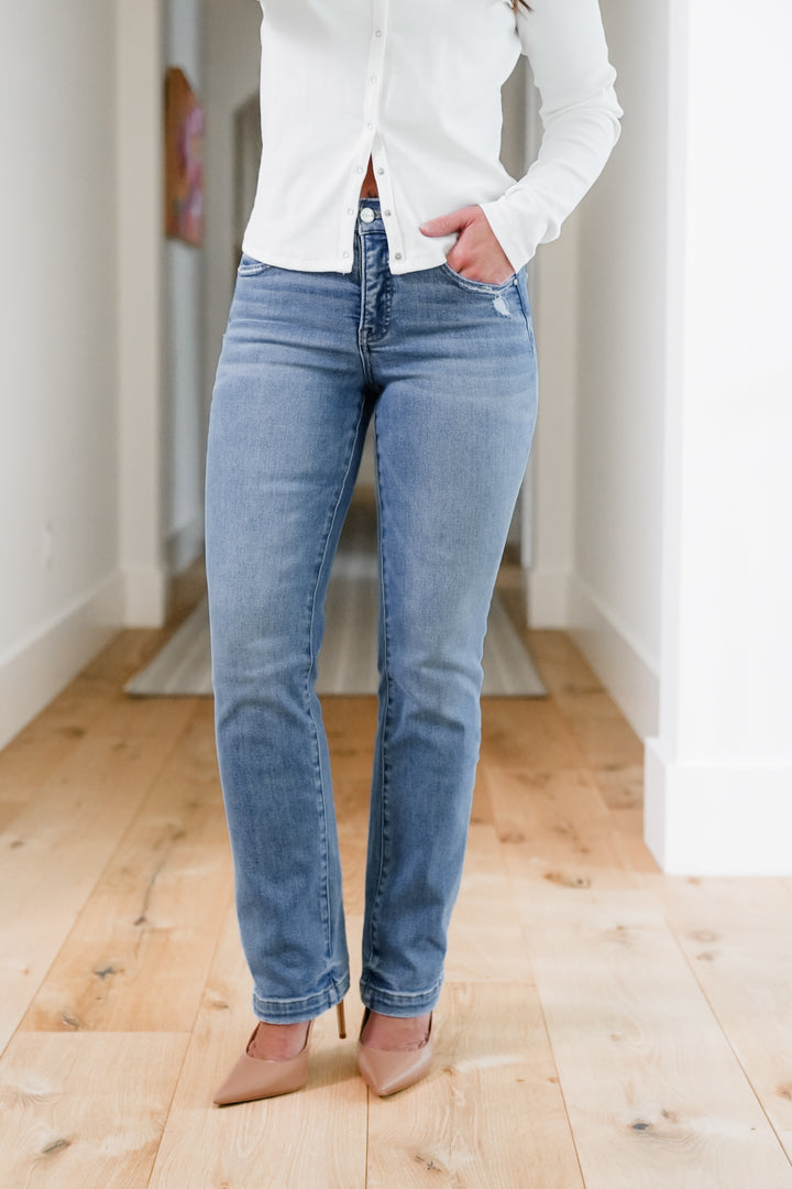 Risen Mid Rise Medium Wash Tummy Control Slim Straight Leg Jeans with Hidden Elastic Waistband