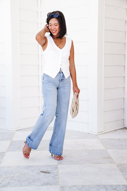 Risen High Rise Light Wash Tummy Control Cuffed Wide Leg Jeans