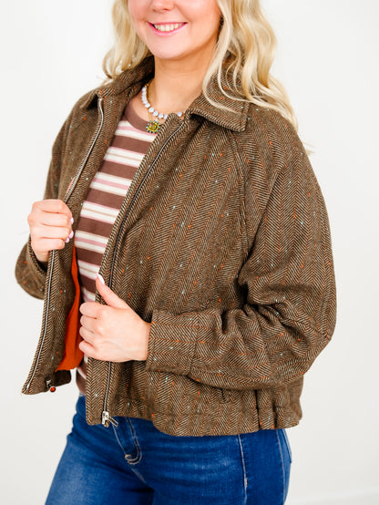 Plus/Reg Herringbone Tweed Zip Up Bomber Jacket